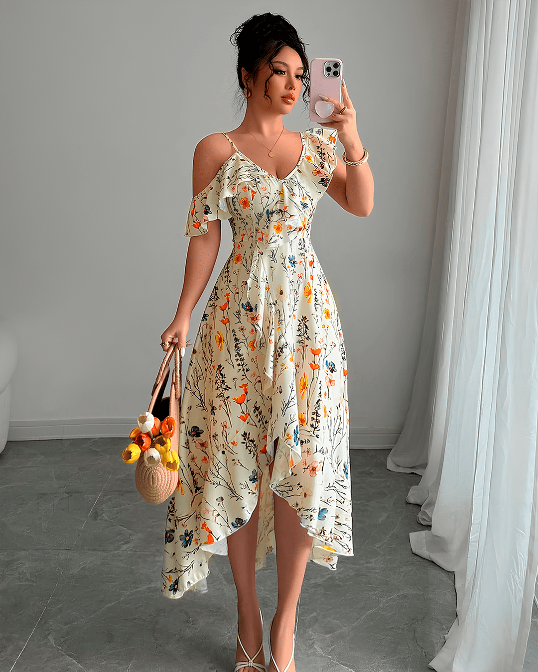 Robe Asymétrique Épaules Dénudées Volants Fleurie