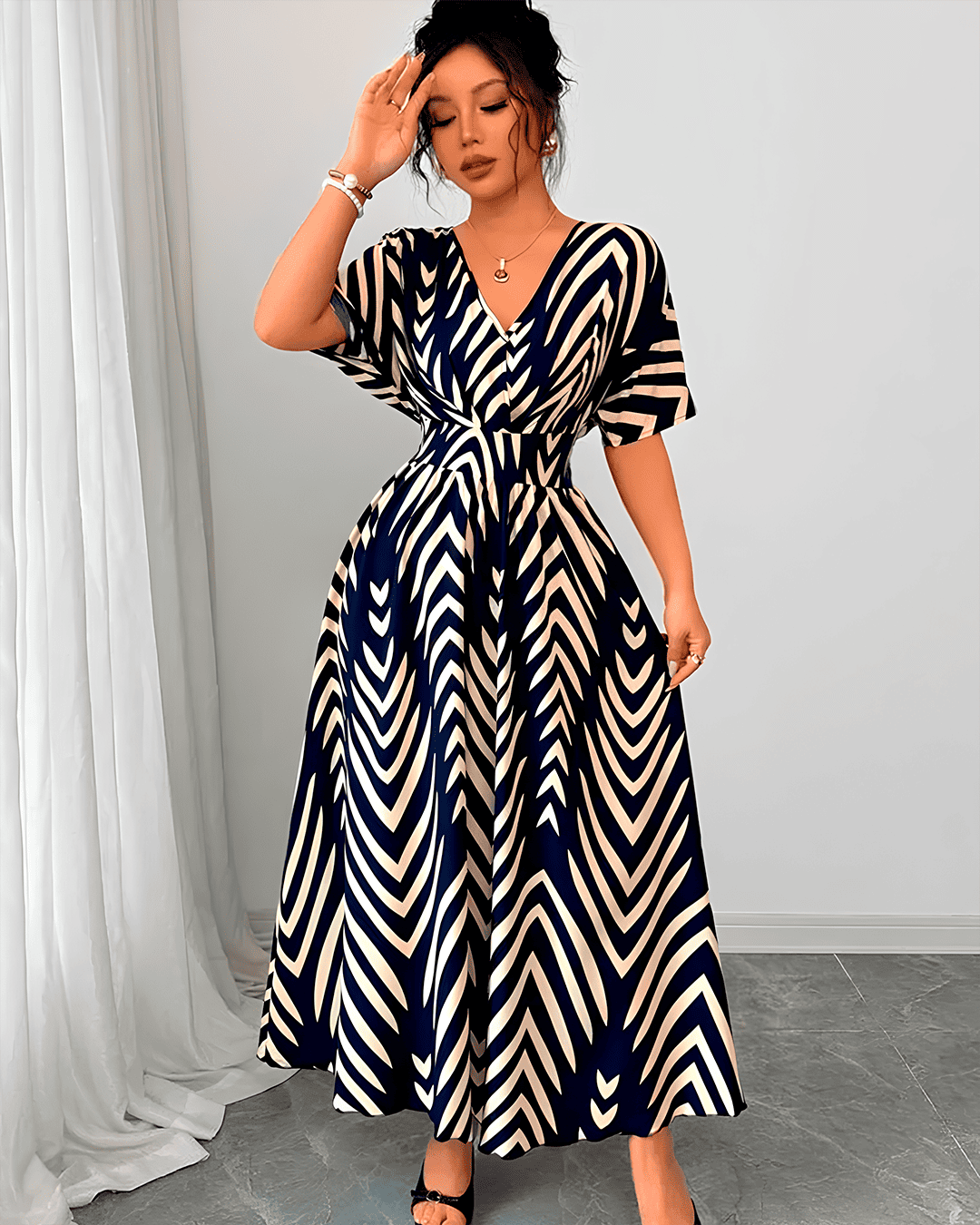 Robe Bohème Longue Imprimé Chevron Taille Empire