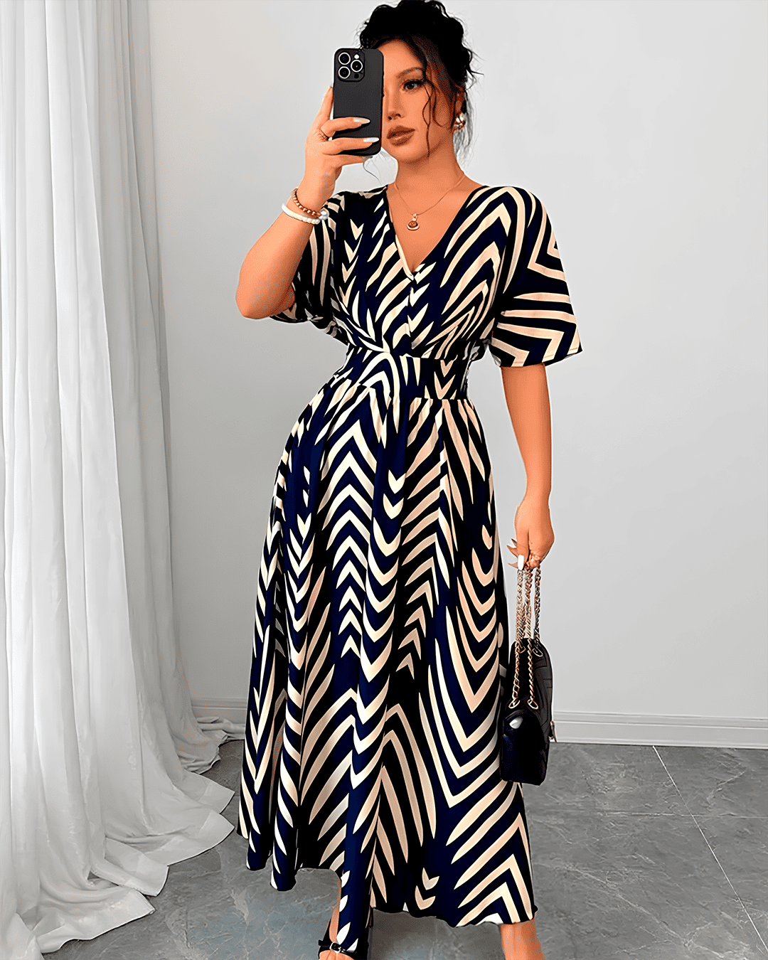 Robe Bohème Longue Imprimé Chevron Taille Empire
