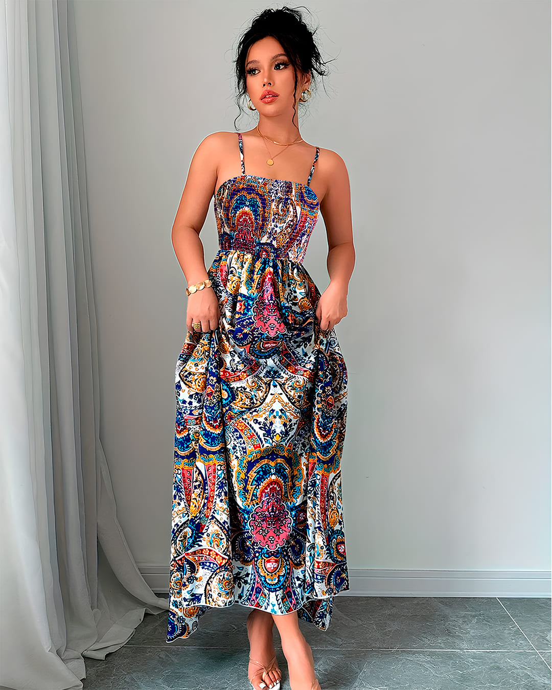 Robe Bohème Longue Smockée Bretelles Imprimé Cachemire