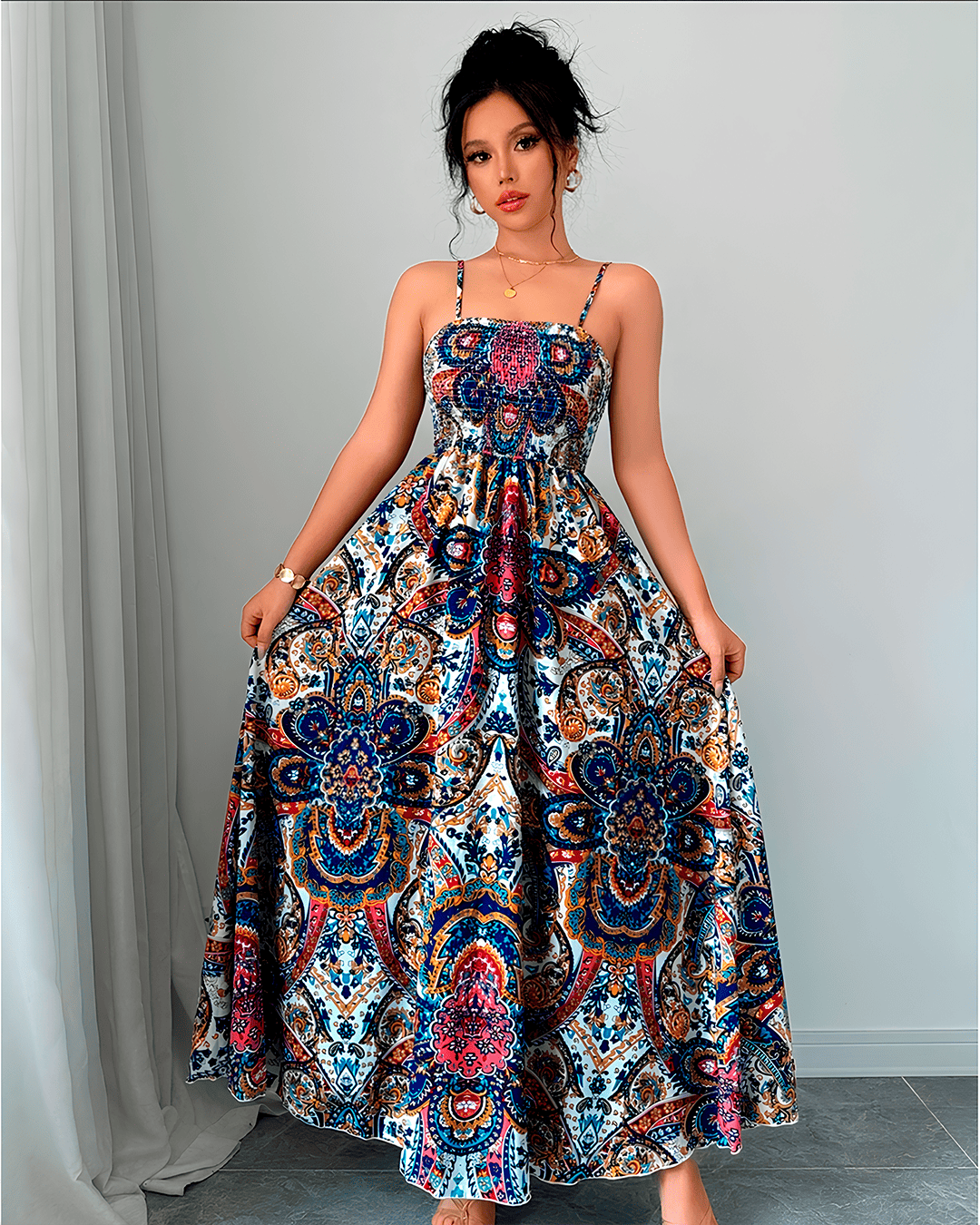 Robe Bohème Longue Smockée Bretelles Imprimé Cachemire