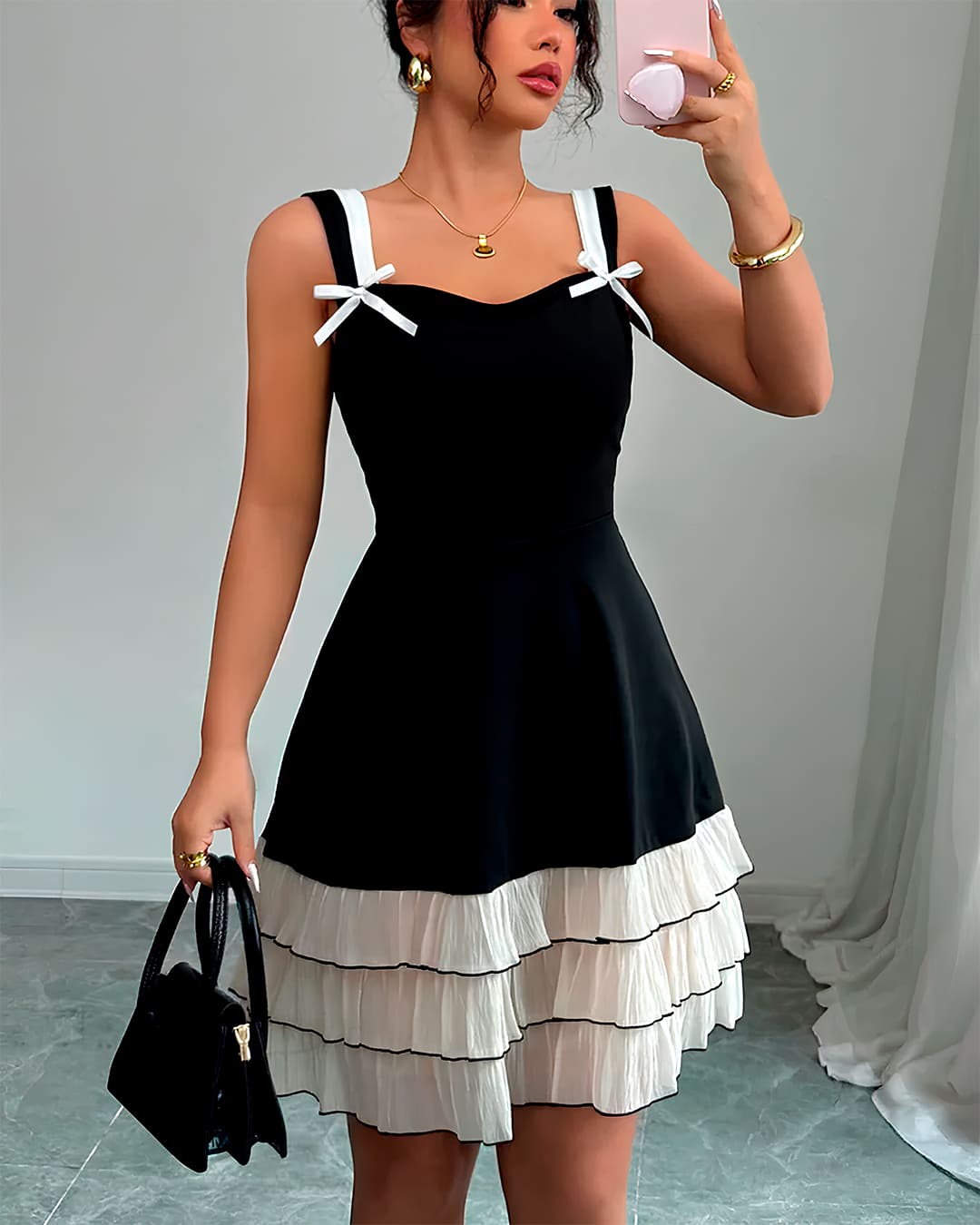 Robe Bretelles Nœuds Évasé Ourlet Volant Black