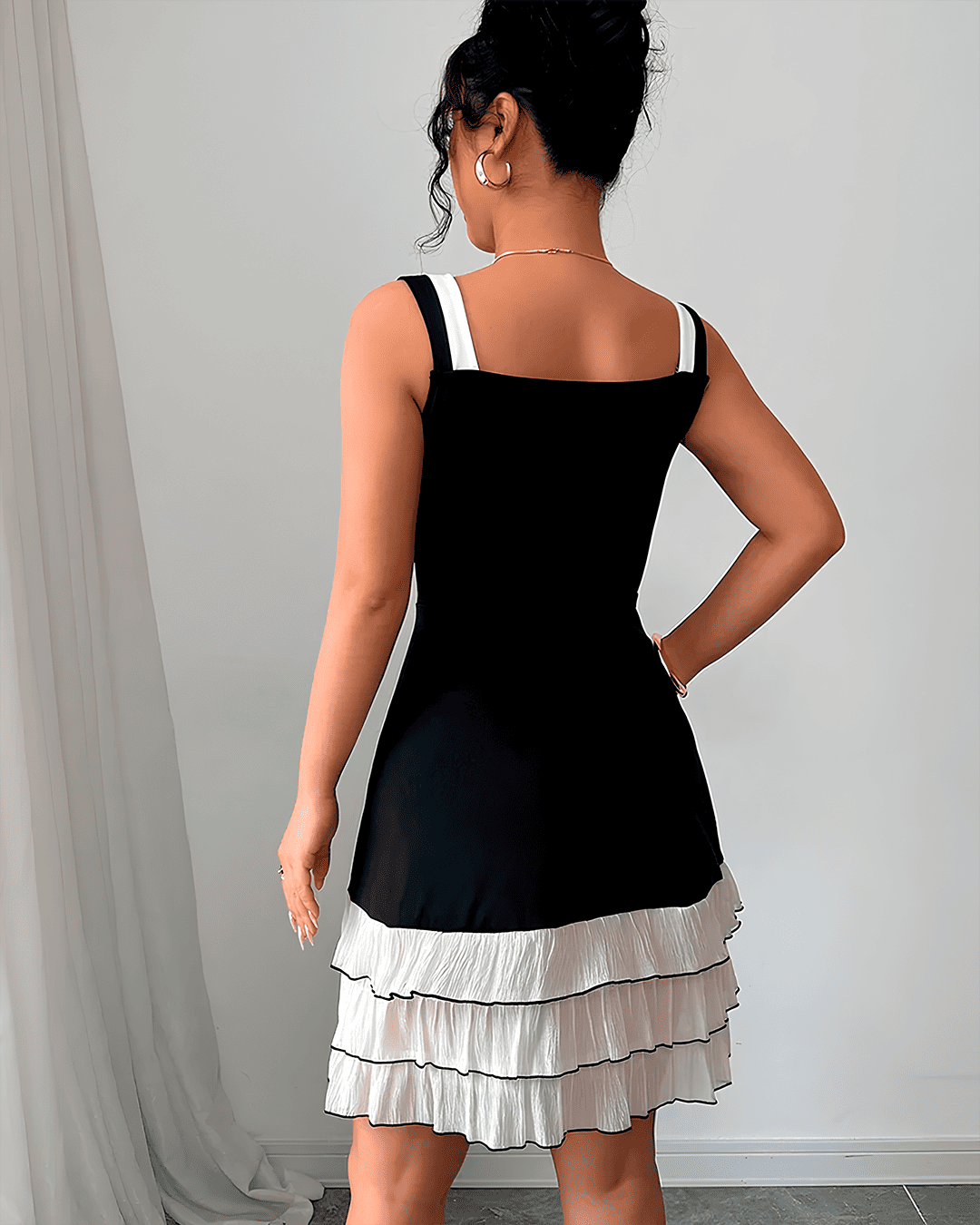 Robe Bretelles Nœuds Évasé Ourlet Volant Black