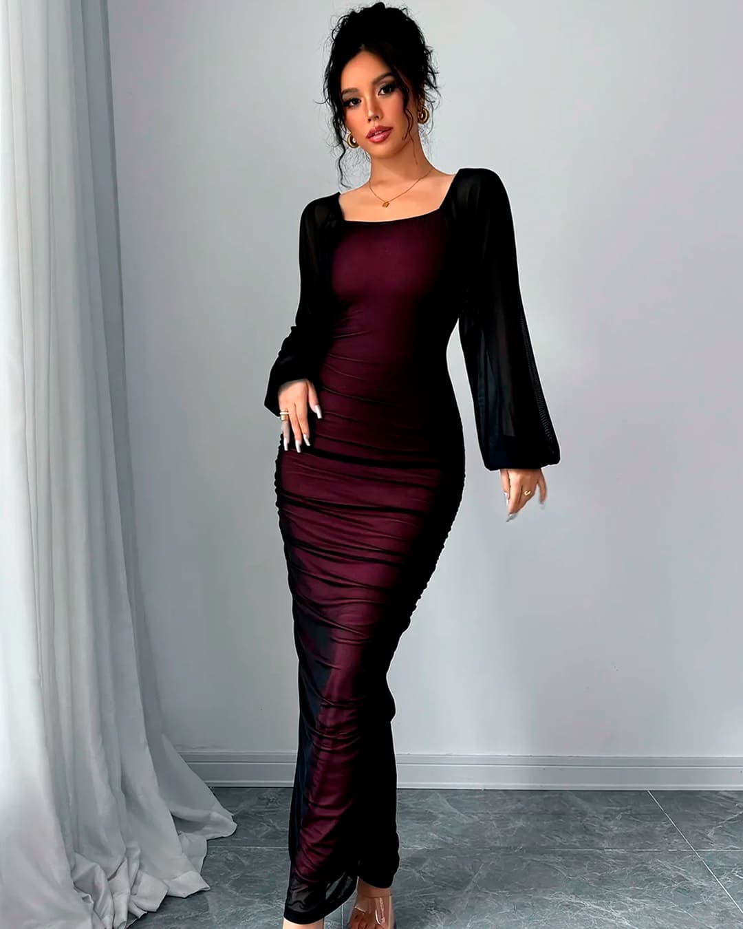 Robe Encolure Carrée Manches Mousseline Froncé