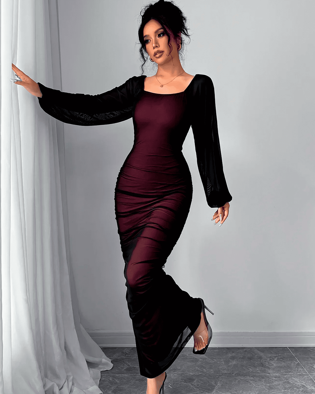 Robe Encolure Carrée Manches Mousseline Froncé