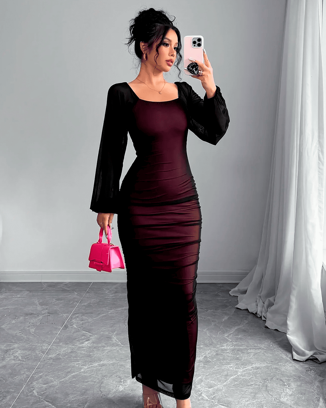 Robe Encolure Carrée Manches Mousseline Froncé