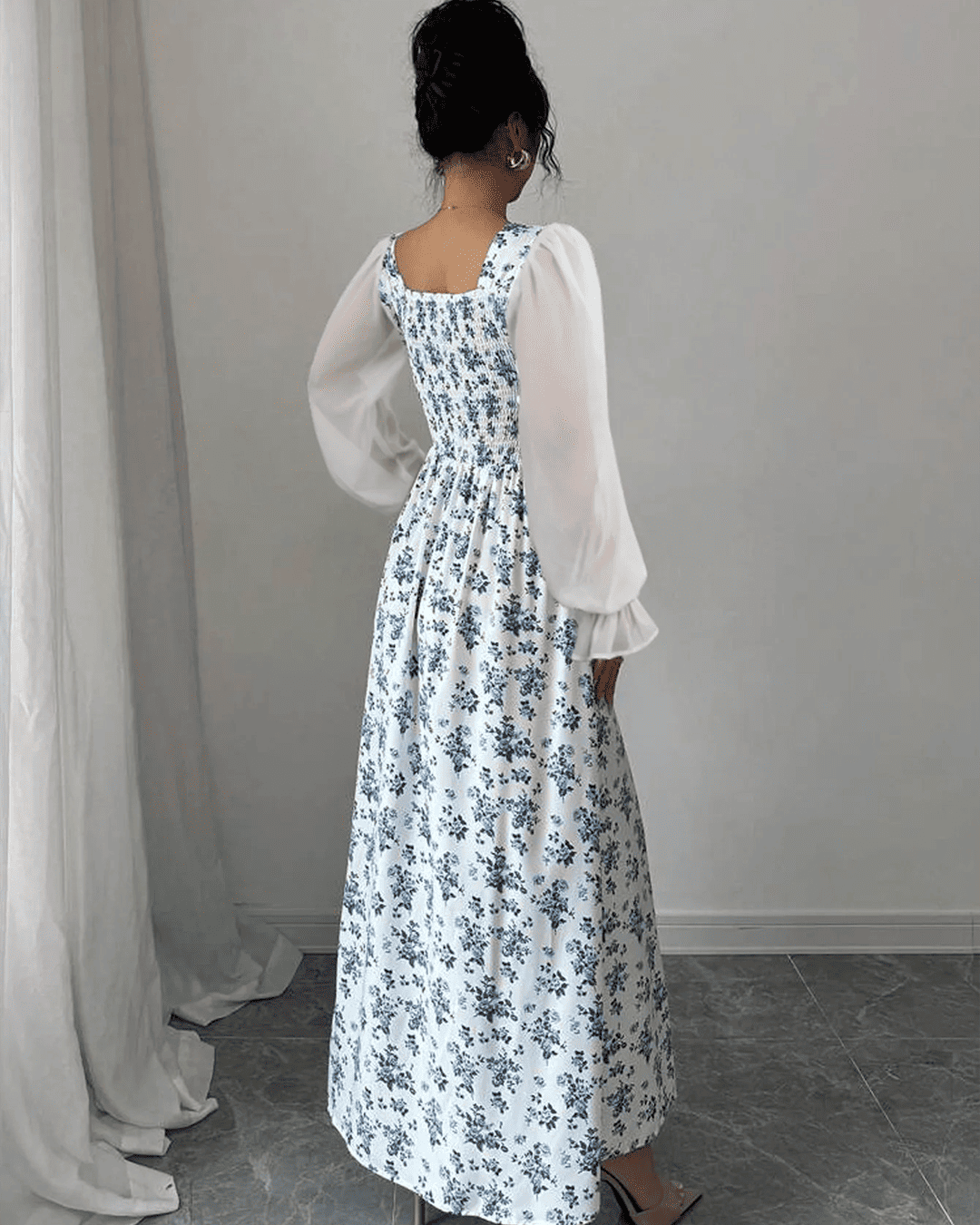 Robe Fleuri Manches Mousseline Taille Smockée