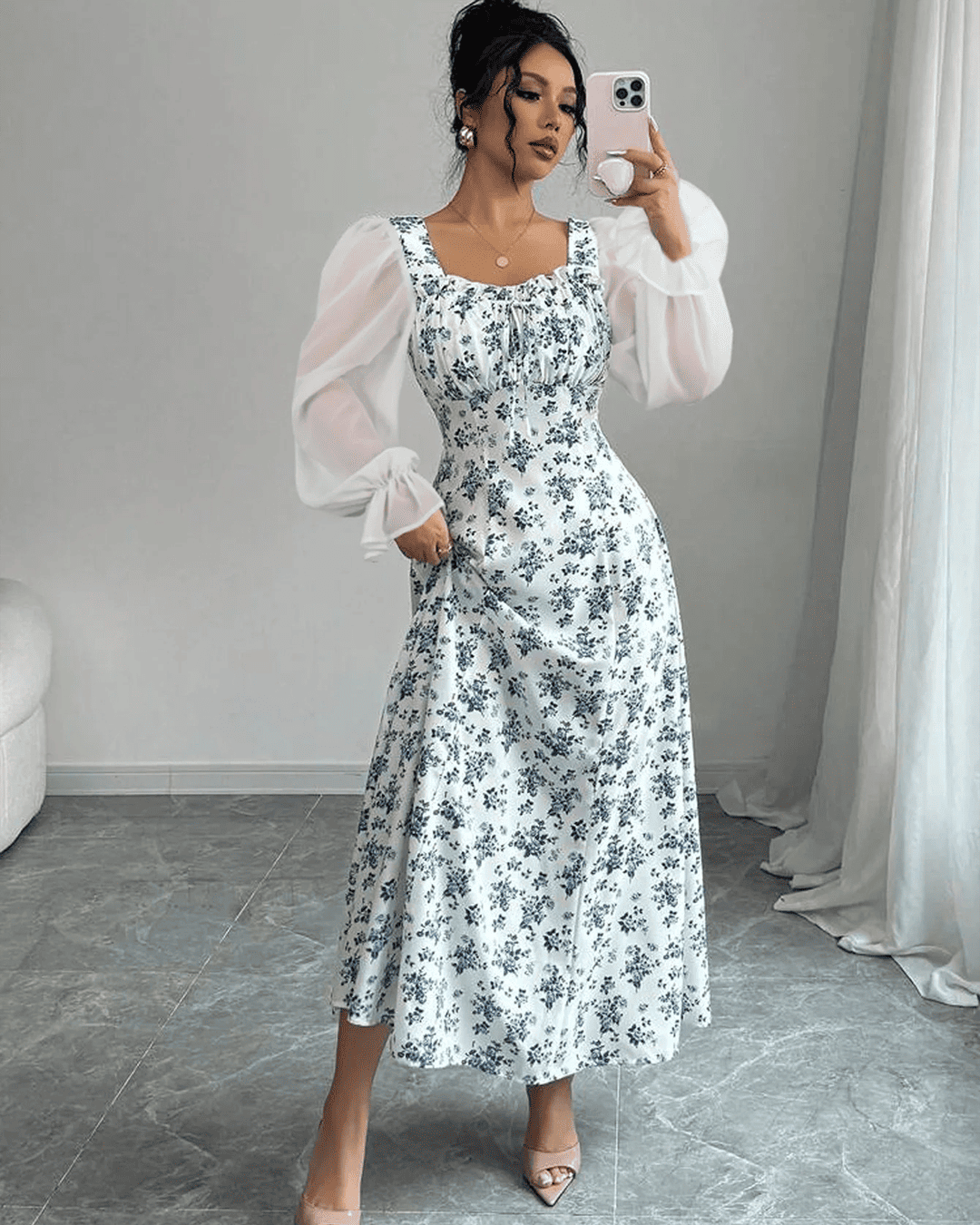 Robe Fleuri Manches Mousseline Taille Smockée