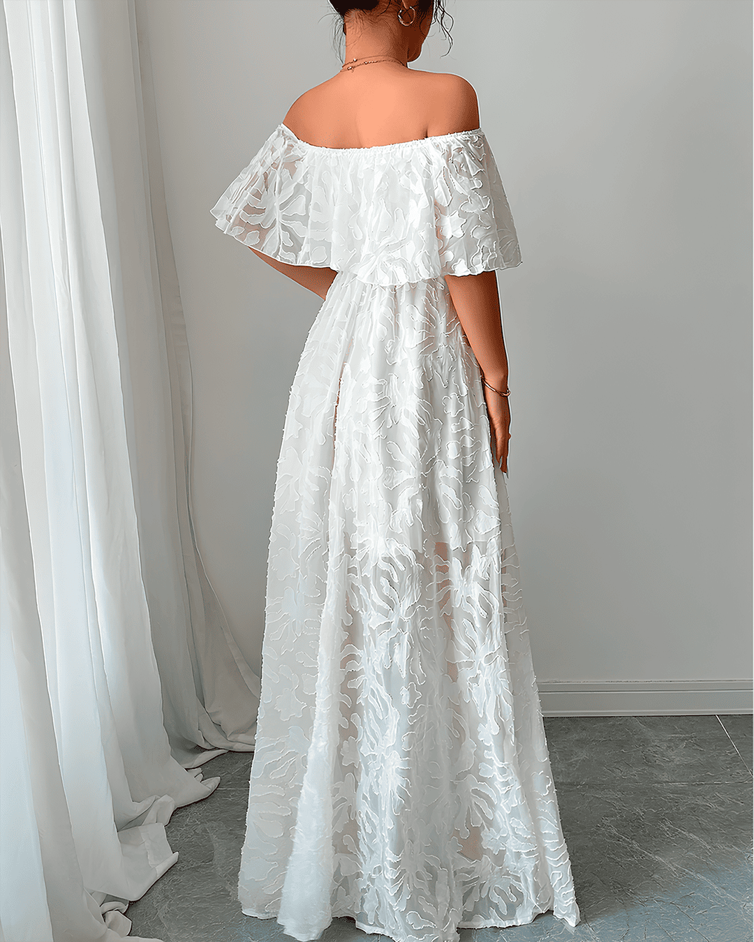 Robe Longue Bardot Dentelle Ceinturée Fendue