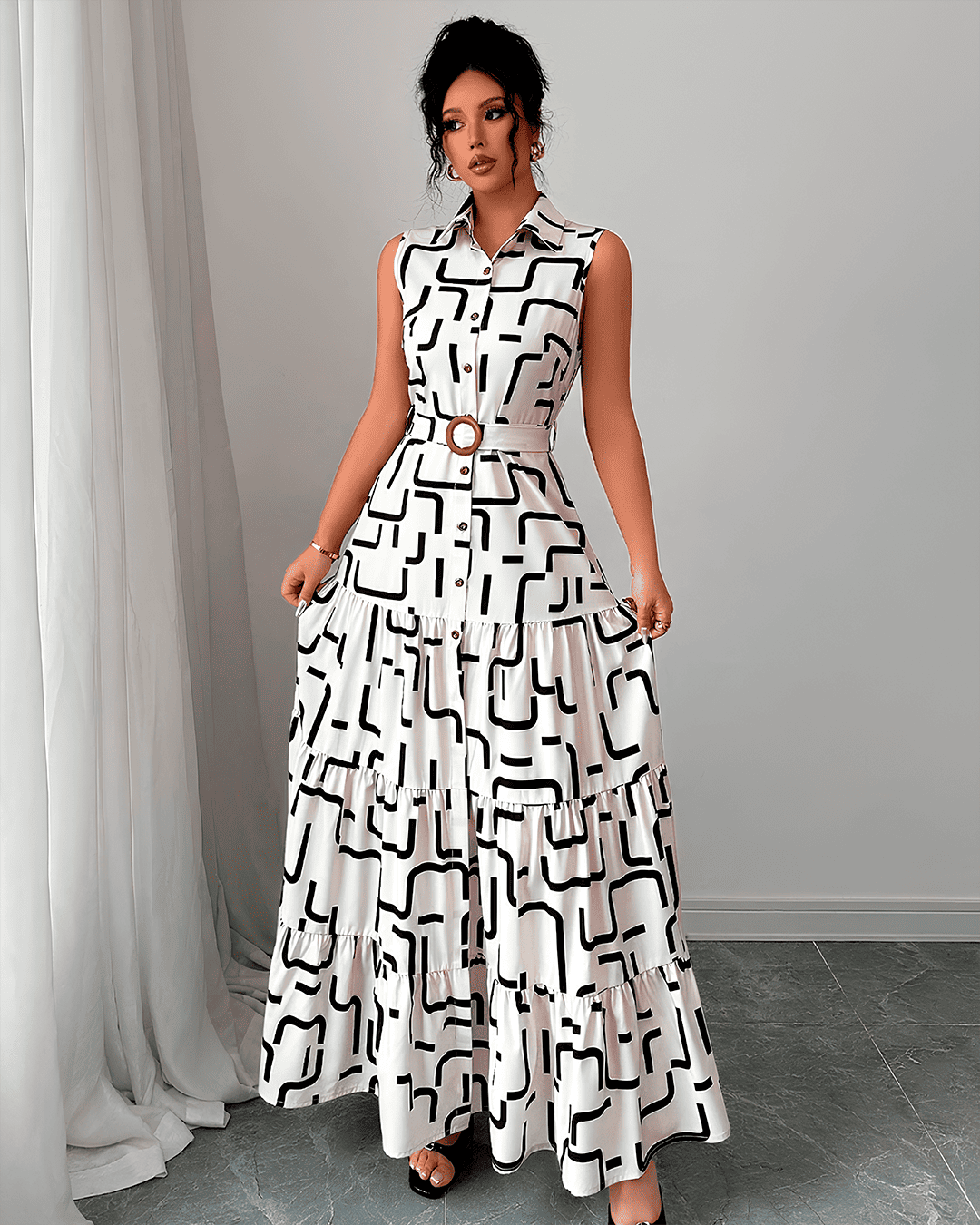 Robe Longue Chemisier Imprimé Géométrique Ceinturée