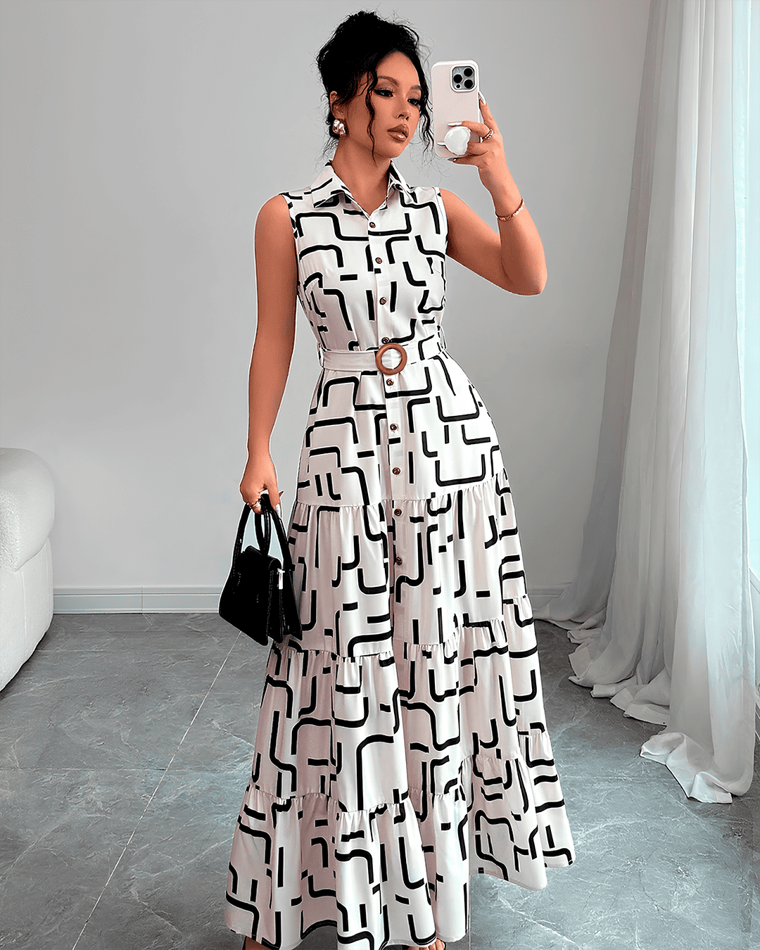 Robe Longue Chemisier Imprimé Géométrique Ceinturée