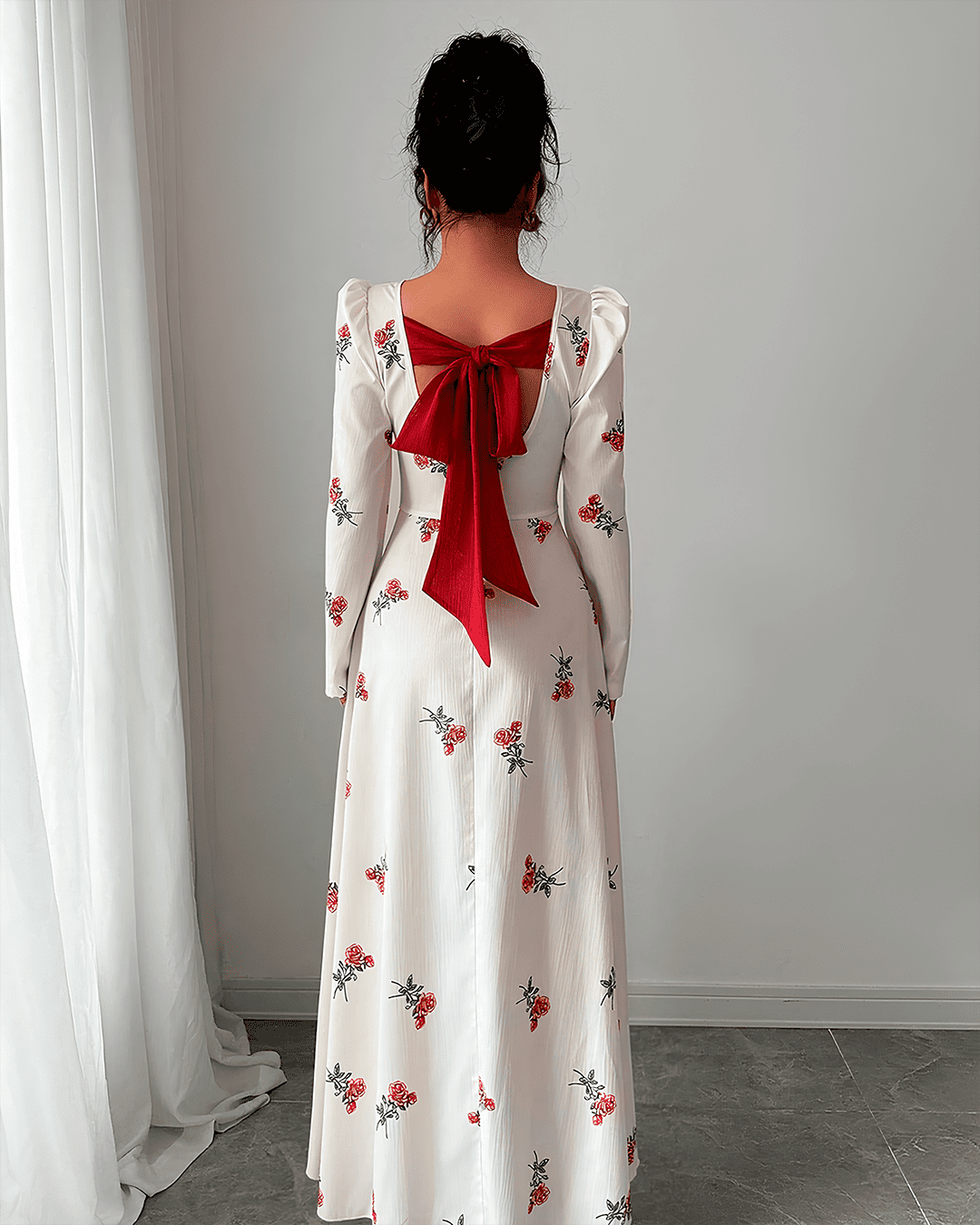 Robe Longue Col Carré Imprimé Floral Manches Longues