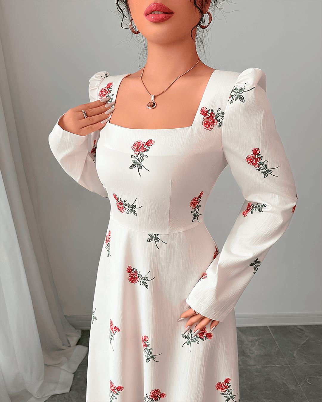 Robe Longue Col Carré Imprimé Floral Manches Longues