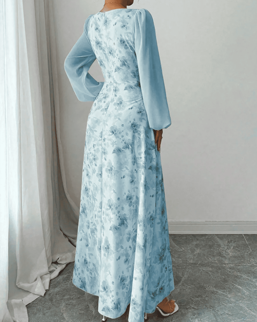 Robe Longue Col Carré Manches Bouffantes Imprimé