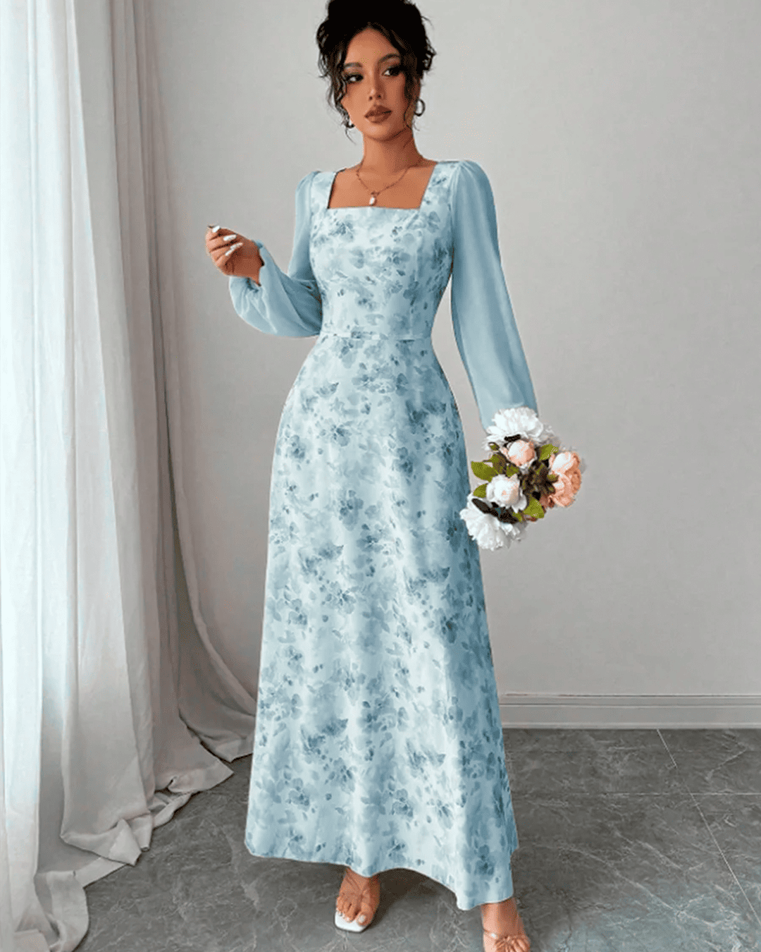 Robe Longue Col Carré Manches Bouffantes Imprimé