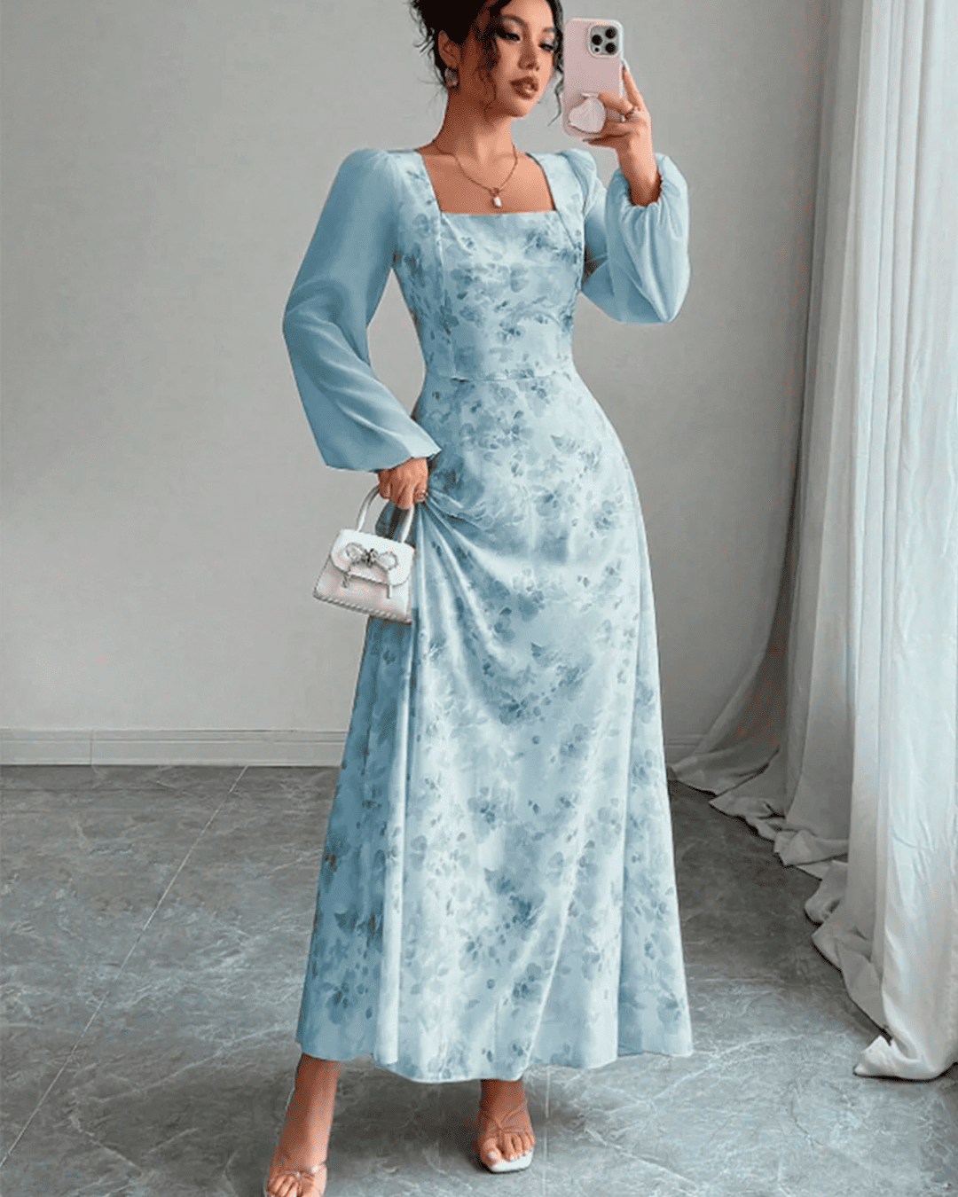 Robe Longue Col Carré Manches Bouffantes Imprimé