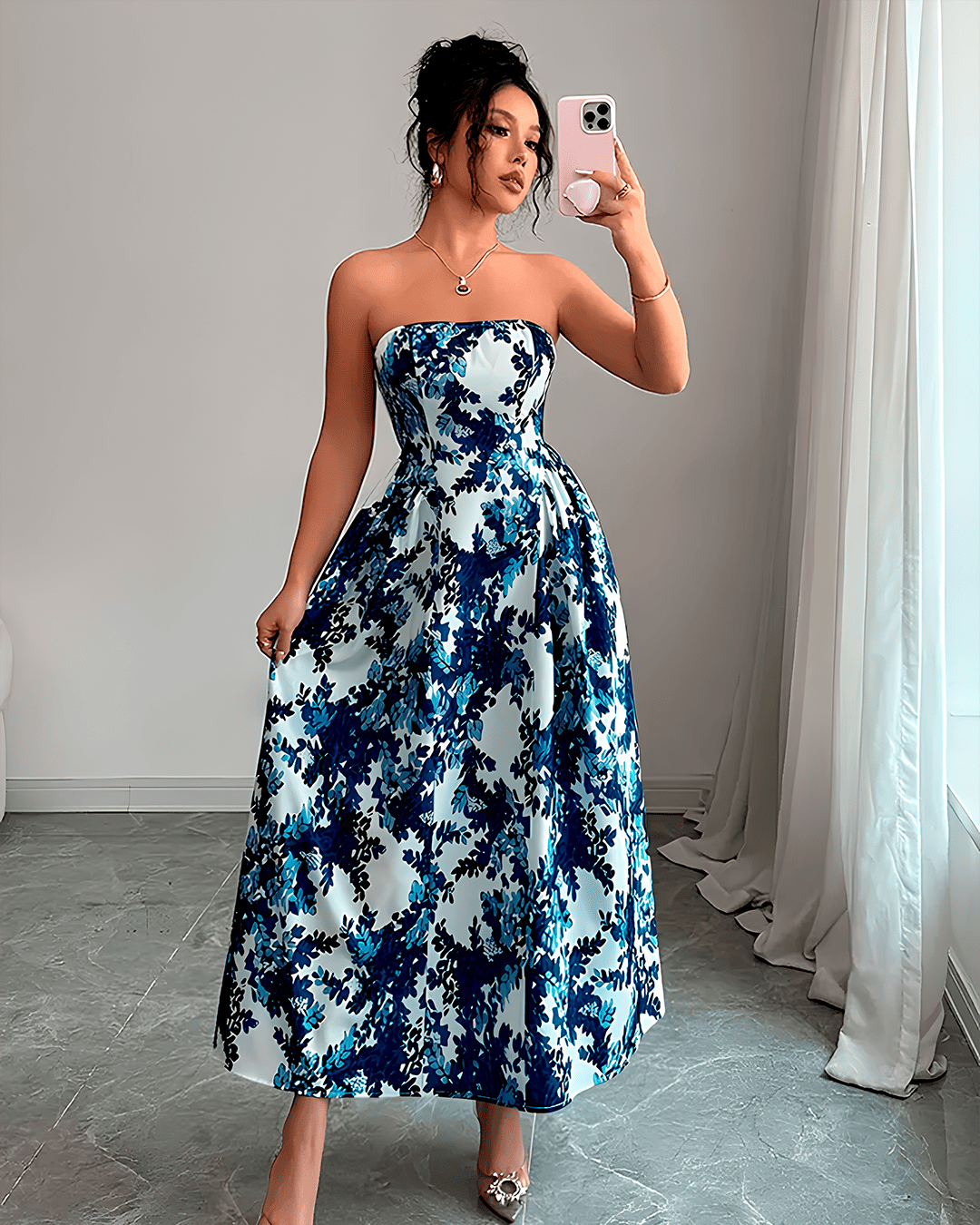 Robe Longue Évasée Florale Sans Bretelles