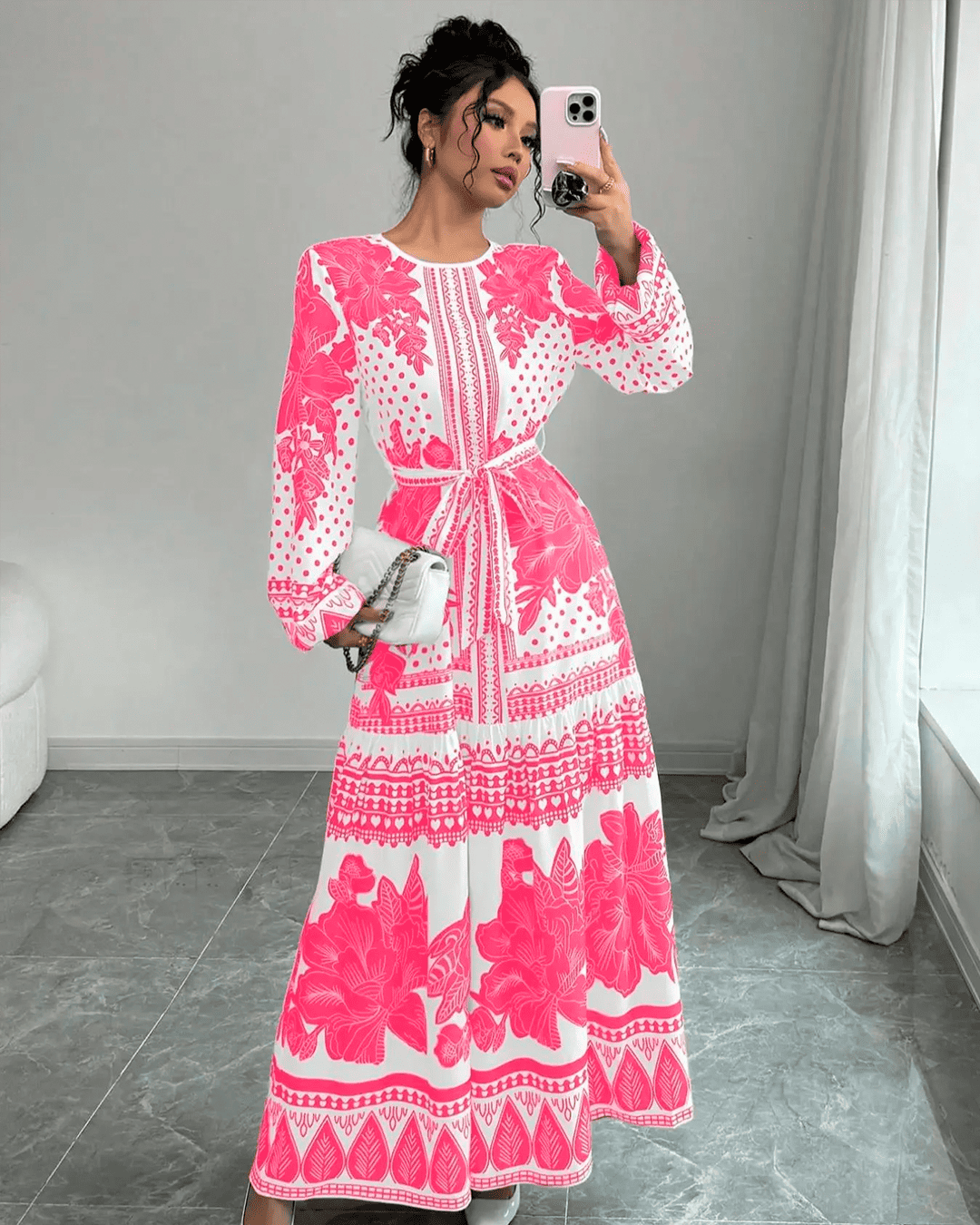 Robe Longue Fleurie Ceinturée Manches Longues