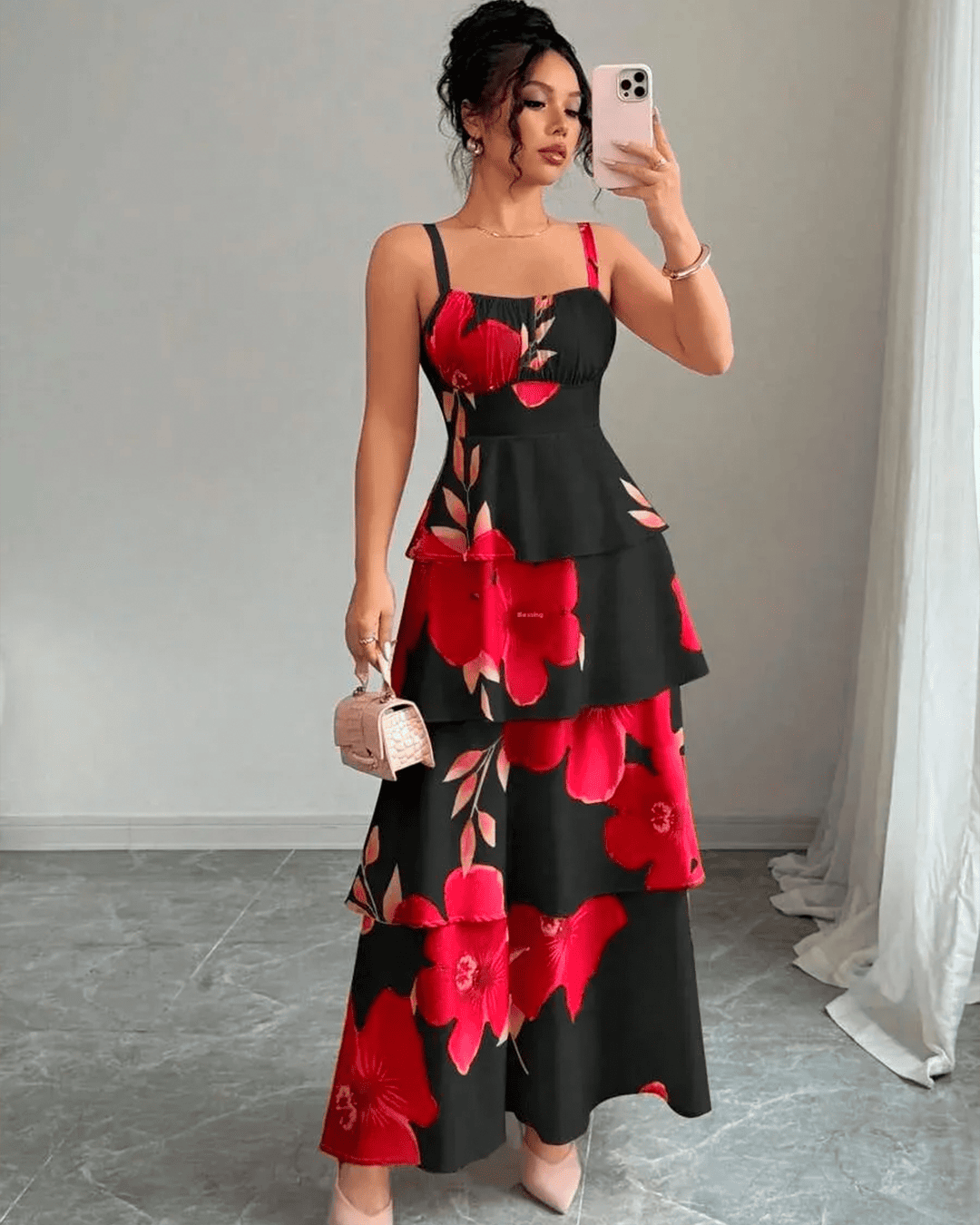 Robe Longue Florale Imprimé Volants Étages Bretelles  Black Red