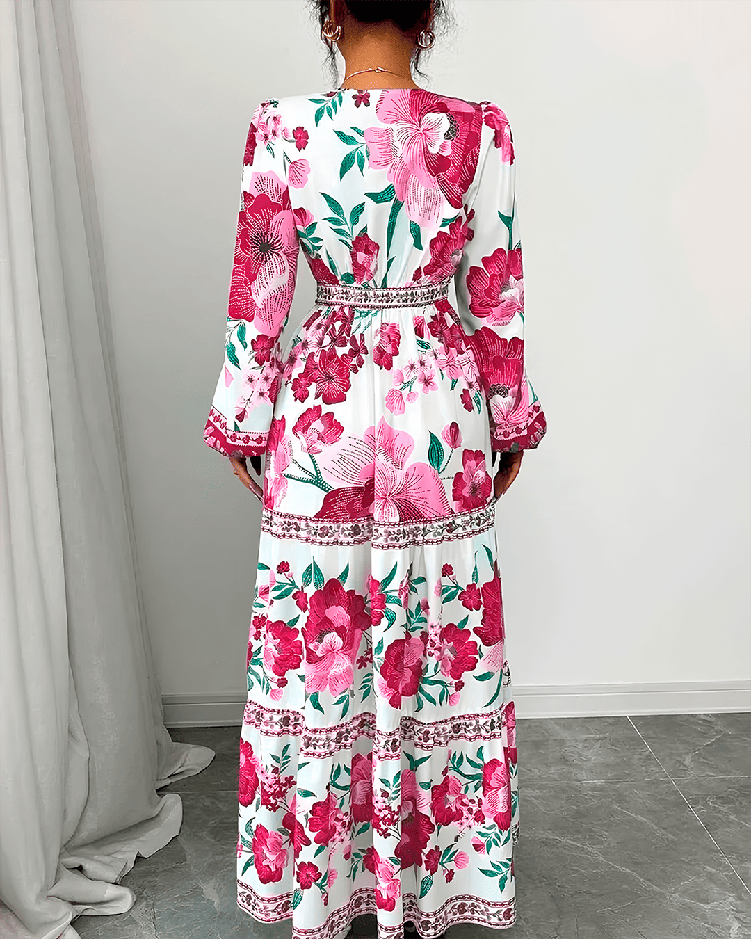 Robe Longue Imprimé Floral Ceinturée Col Rond