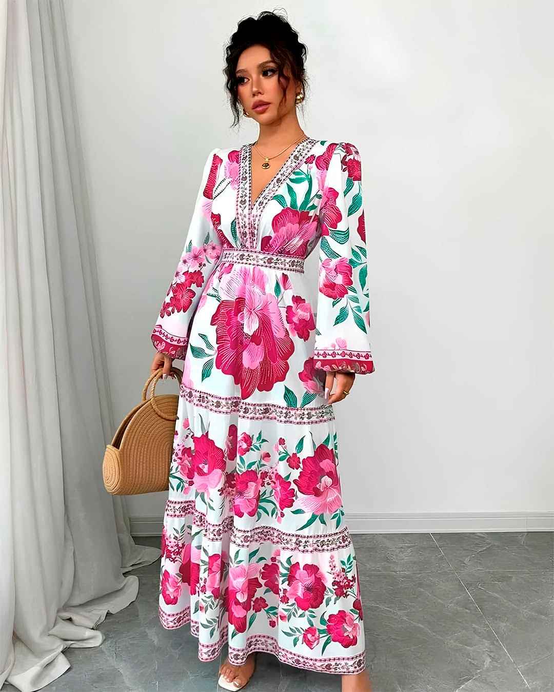 Robe Longue Imprimé Floral Ceinturée Col Rond