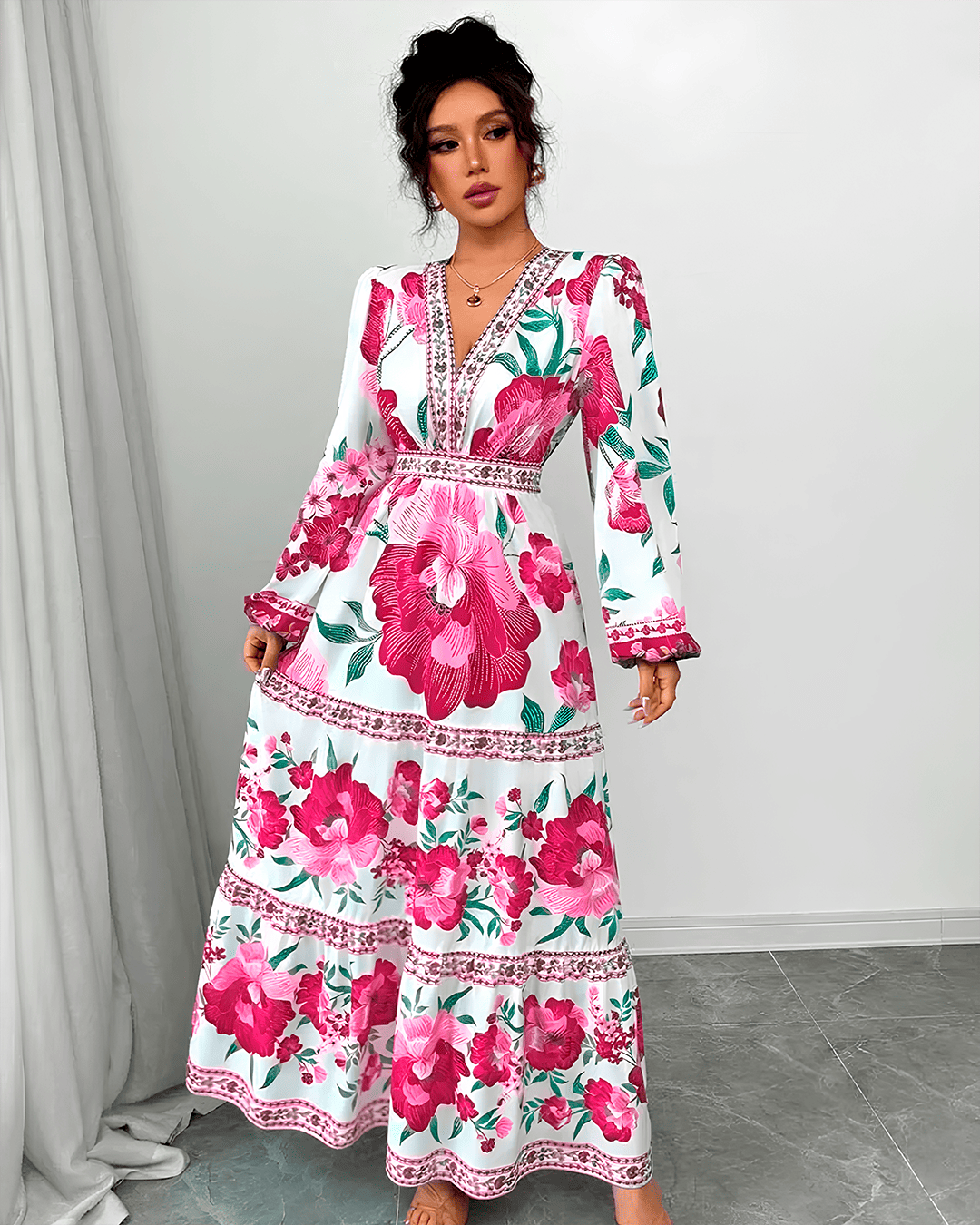 Robe Longue Imprimé Floral Ceinturée Col Rond