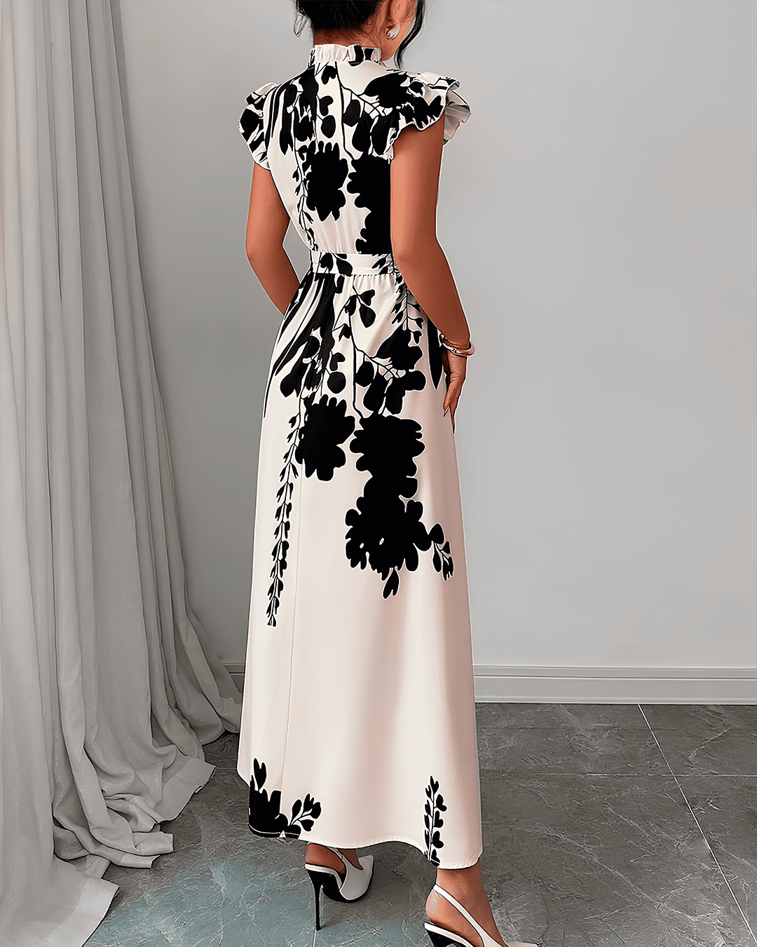 Robe Longue Mancherons Volants Boutonné Ceinturé