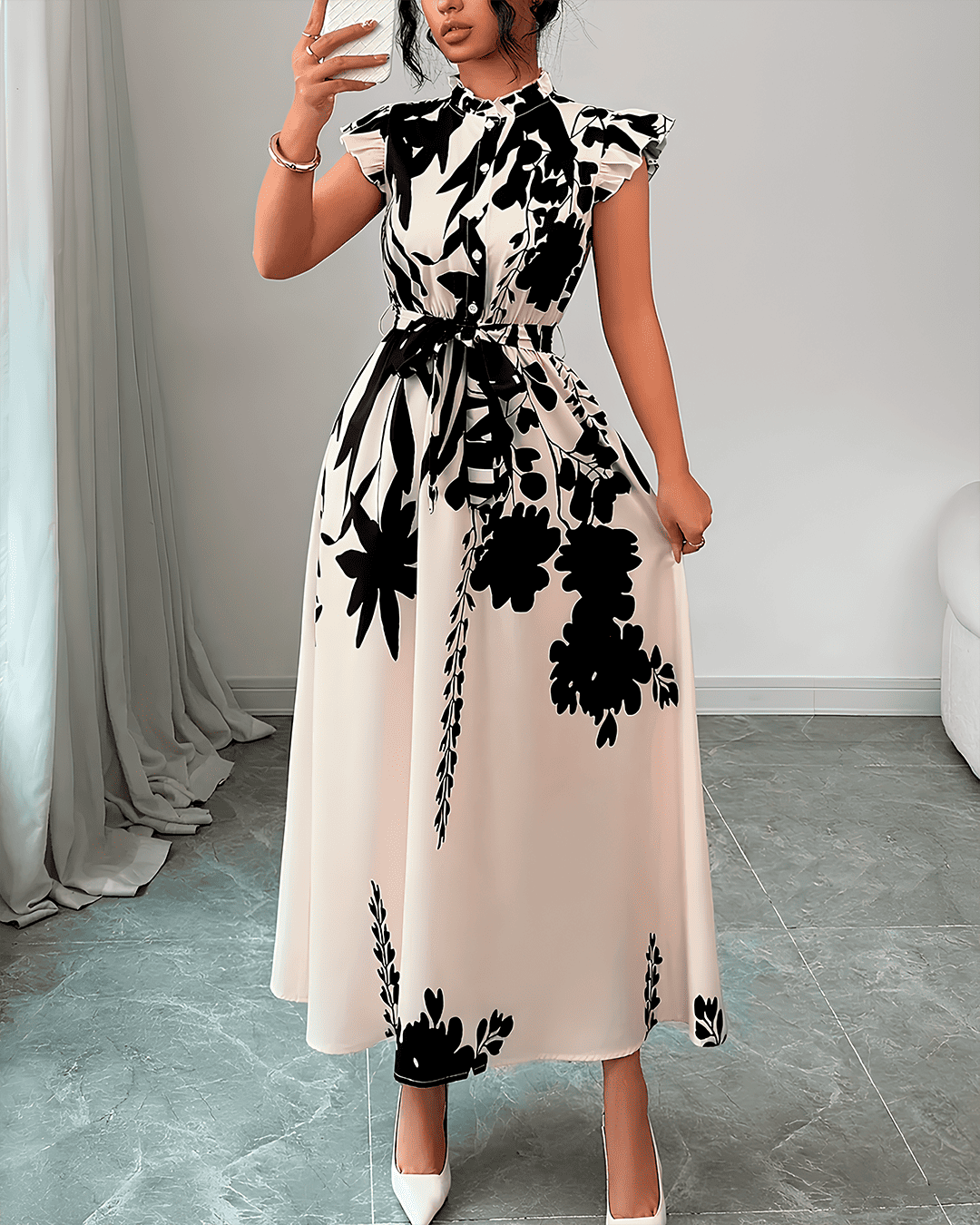 Robe Longue Mancherons Volants Boutonné Ceinturé