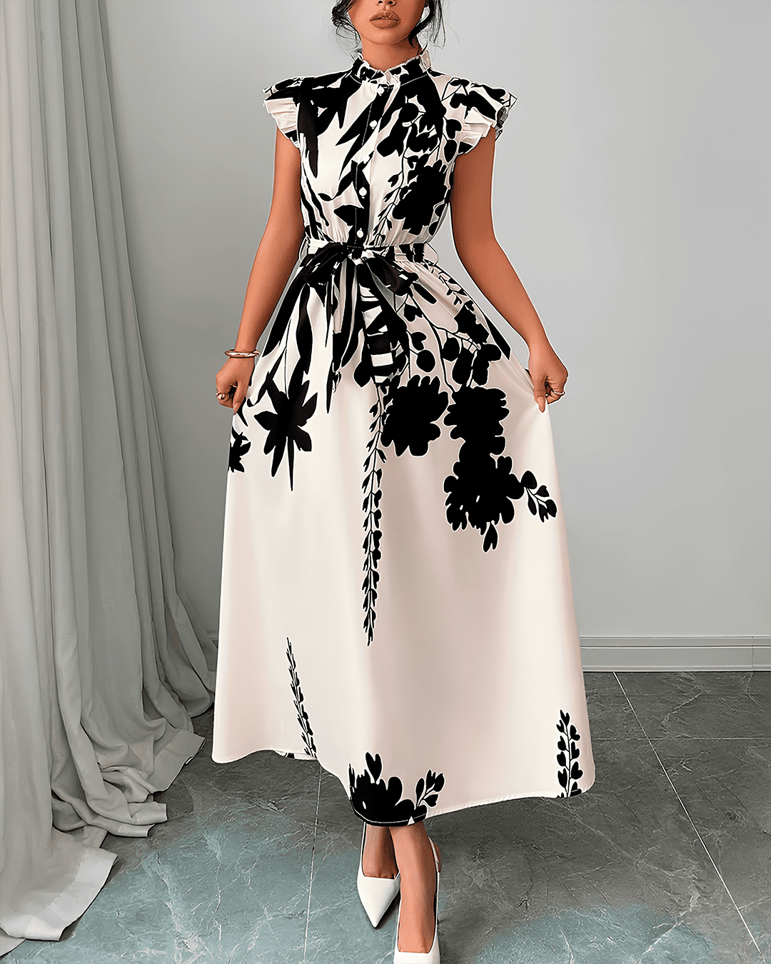 Robe Longue Mancherons Volants Boutonné Ceinturé