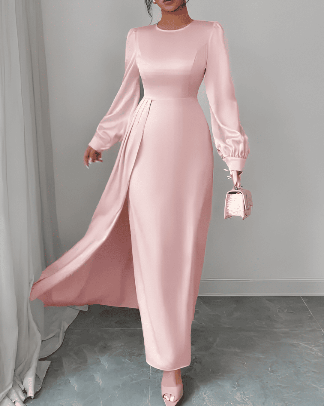 Robe Longue Satinée Drapée Manches Longues