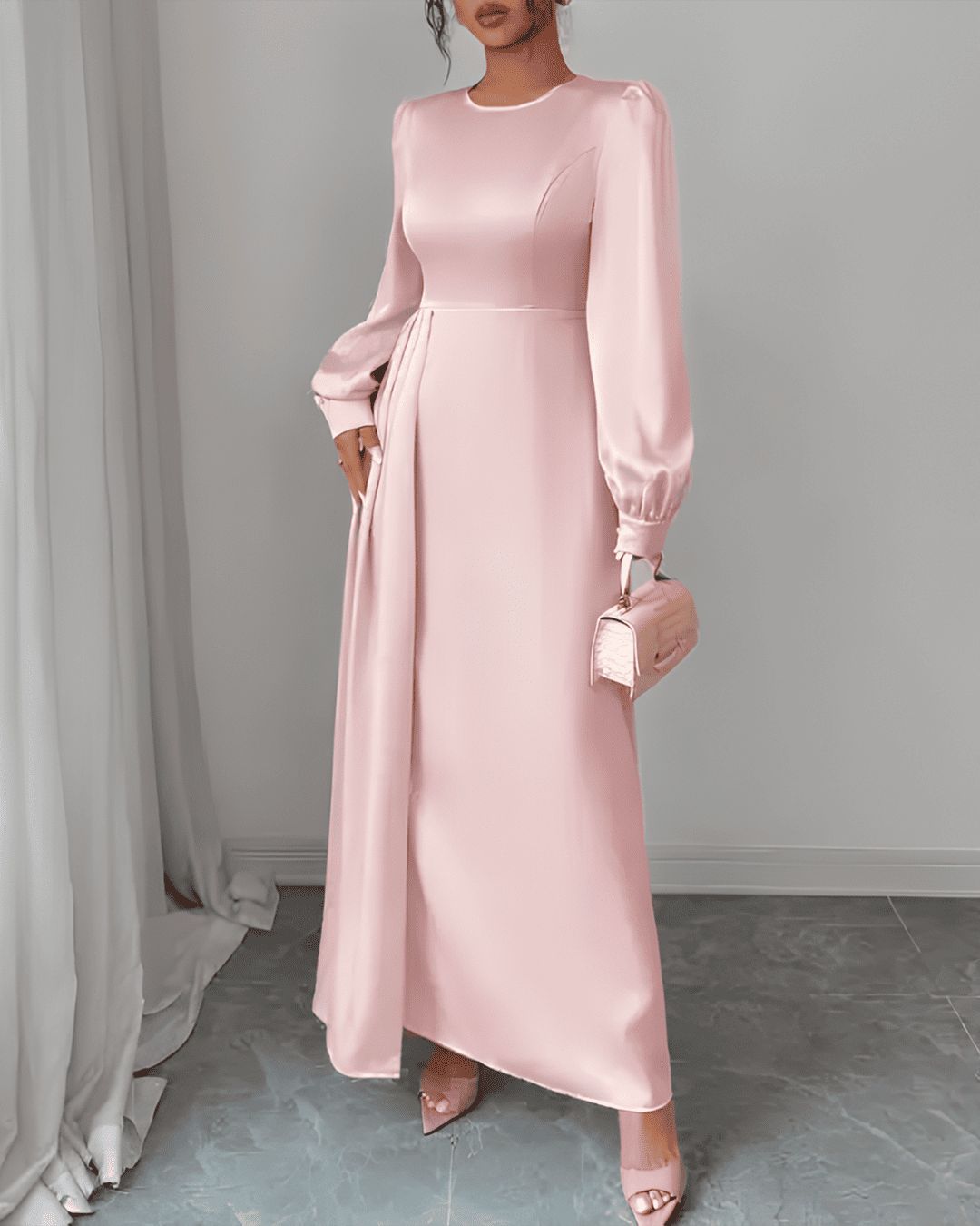 Robe Longue Satinée Drapée Manches Longues