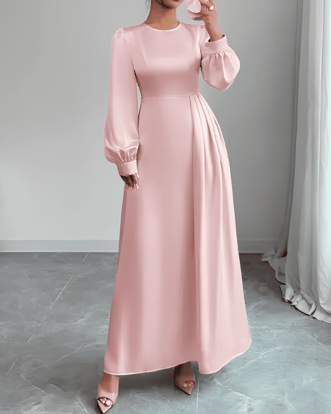 Robe Longue Satinée Drapée Manches Longues