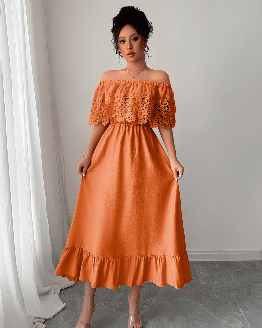 Robe Midi Bardot Dentelle Guipure Volants