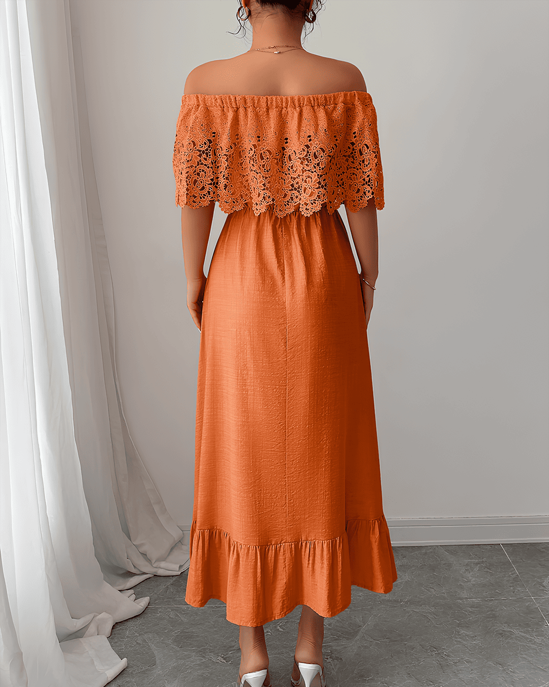 Robe Midi Bardot Dentelle Guipure Volants