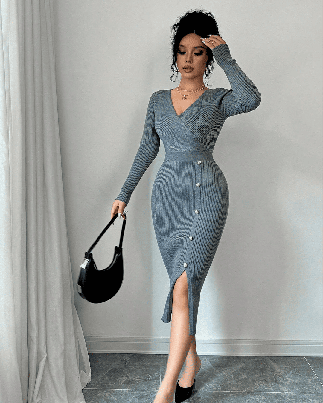 Robe Midi Côtelée Cache-Coeur Boutons Perles