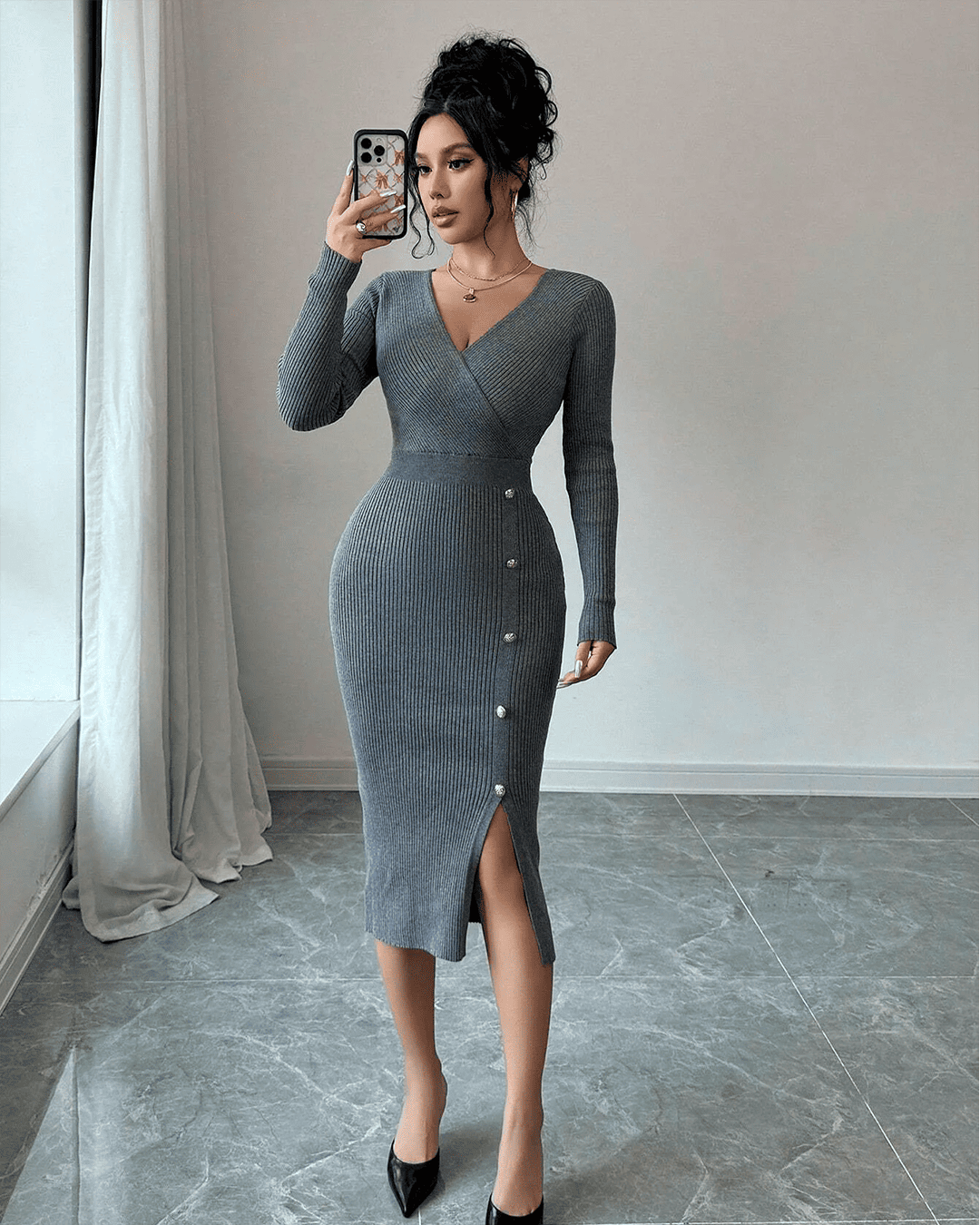 Robe Midi Côtelée Cache-Coeur Boutons Perles