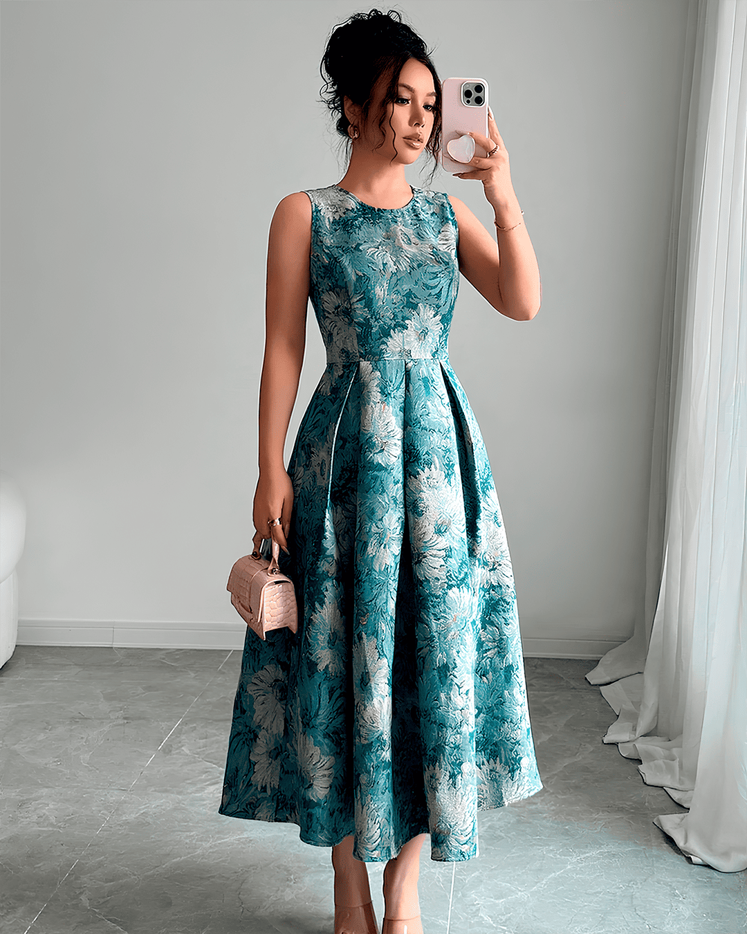 Robe Midi Évasée Sans Manches Jacquard Floral