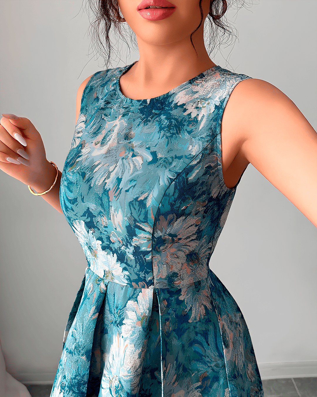 Robe Midi Évasée Sans Manches Jacquard Floral