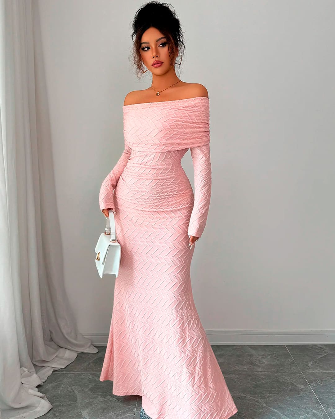 Robe Sirène Épaules Dénudées Tricot Chevrons