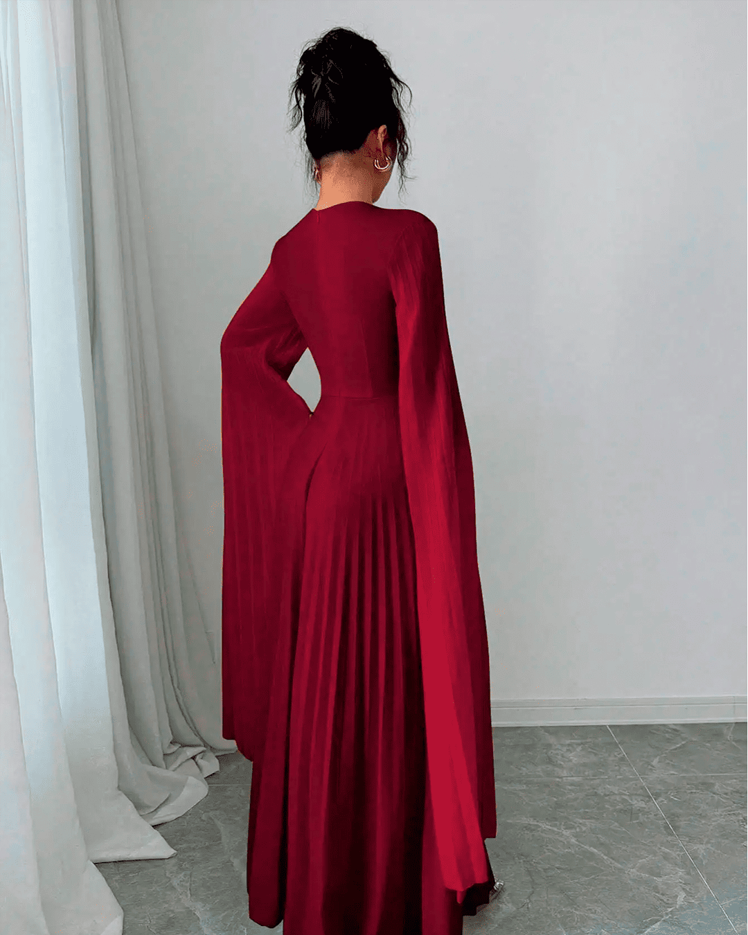 Robe Soirée Longue Plissée Manches Chauve Souris