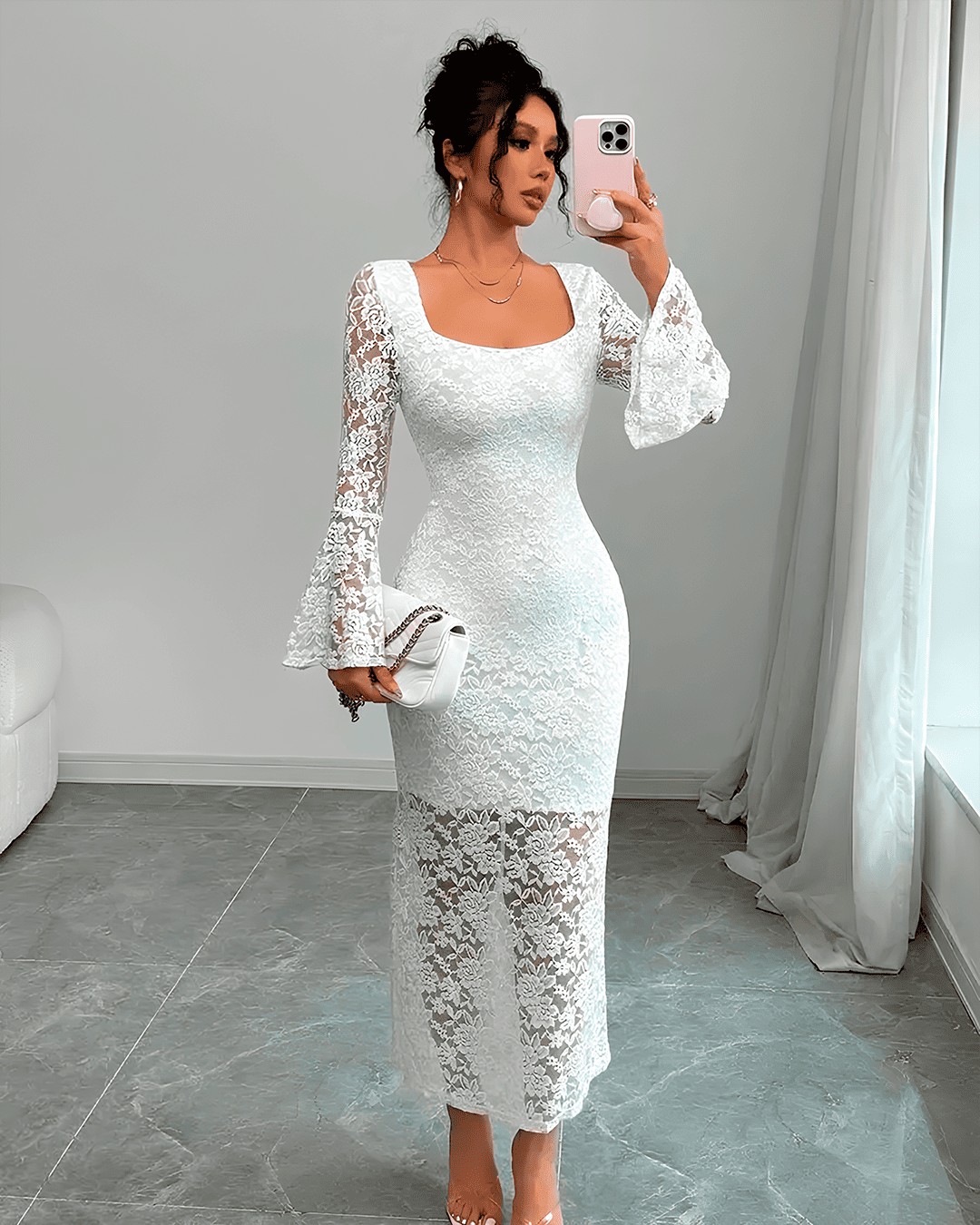 Robe midi Dentelle Col Carré Manches Évasées