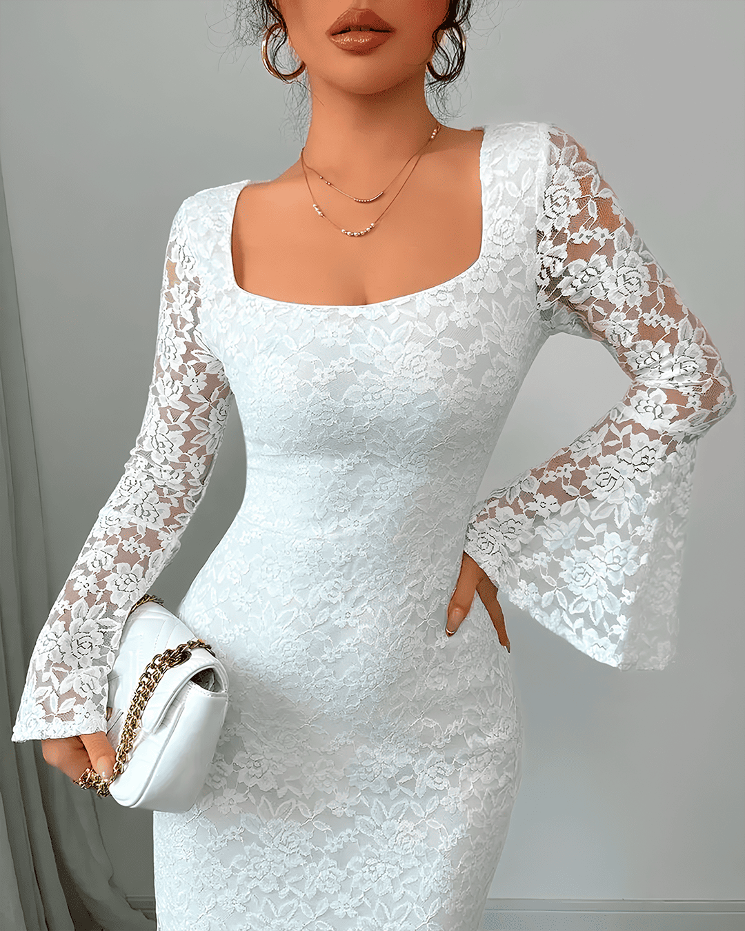 Robe midi Dentelle Col Carré Manches Évasées