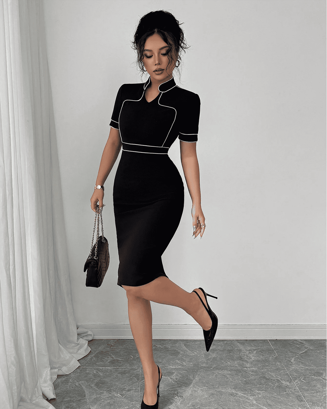 Robe midi contrastée Col Mandarin Découpe