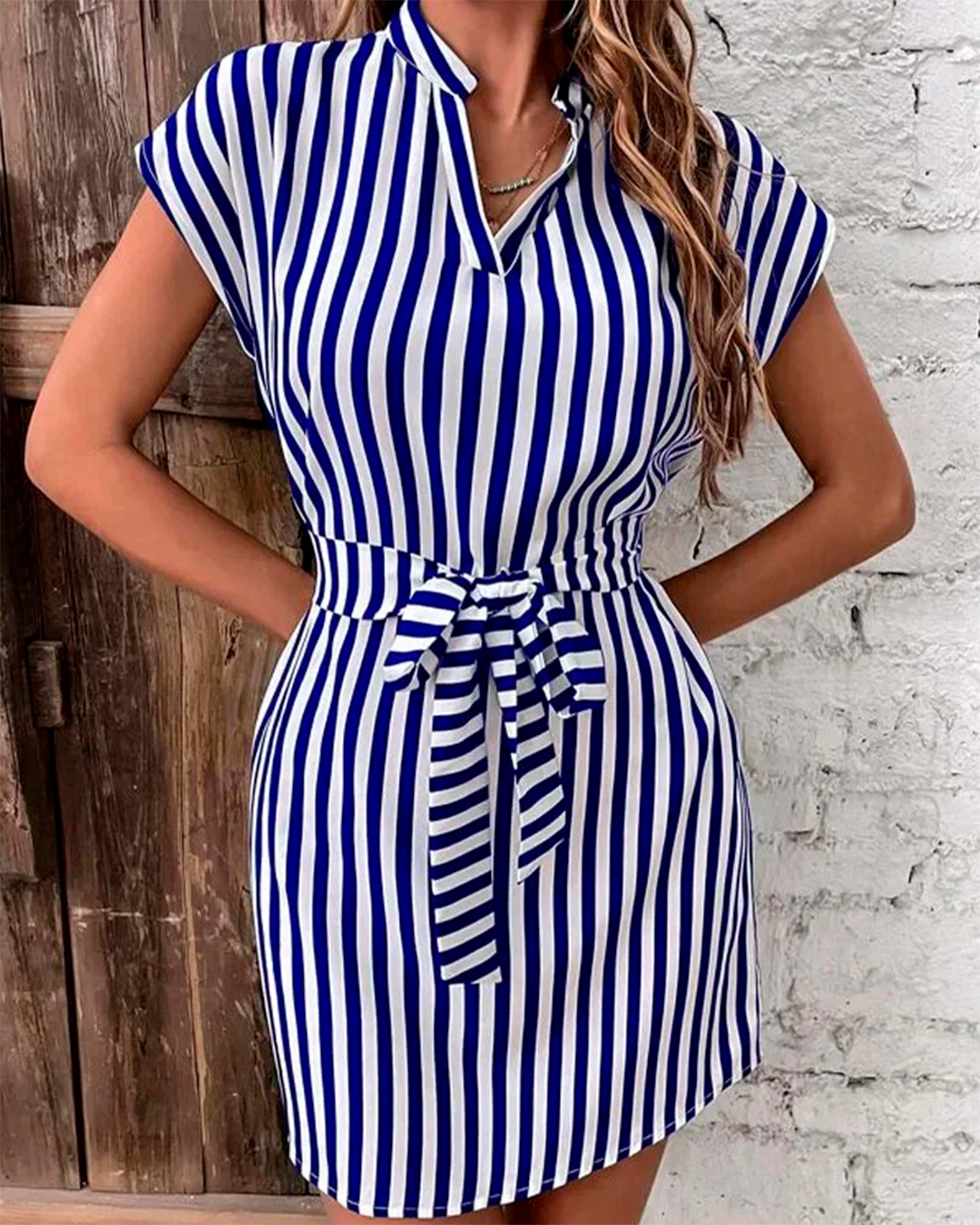 Striped Dress with V Neck and Belt for Effortless Style