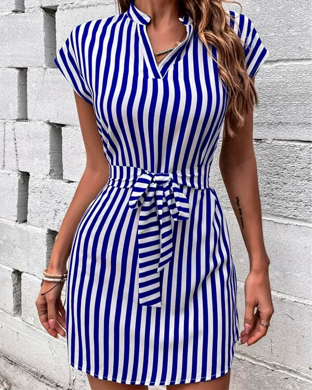 Striped Dress with V Neck and Belt for Effortless Style