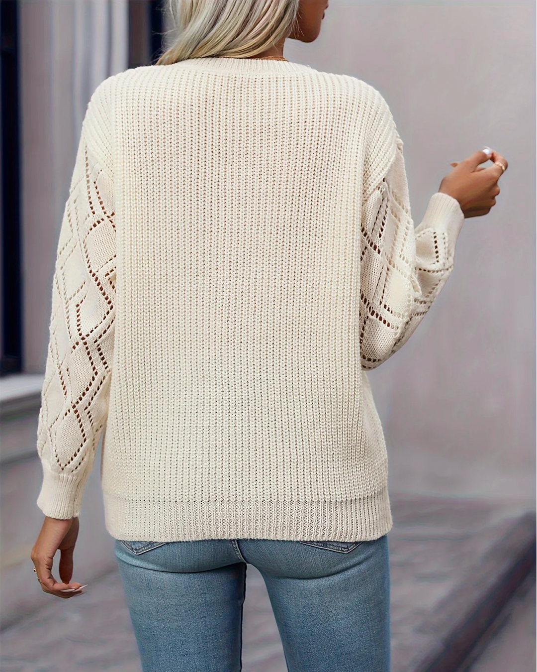 Sweater Women's Beige Knit V-Neck Openwork Detail