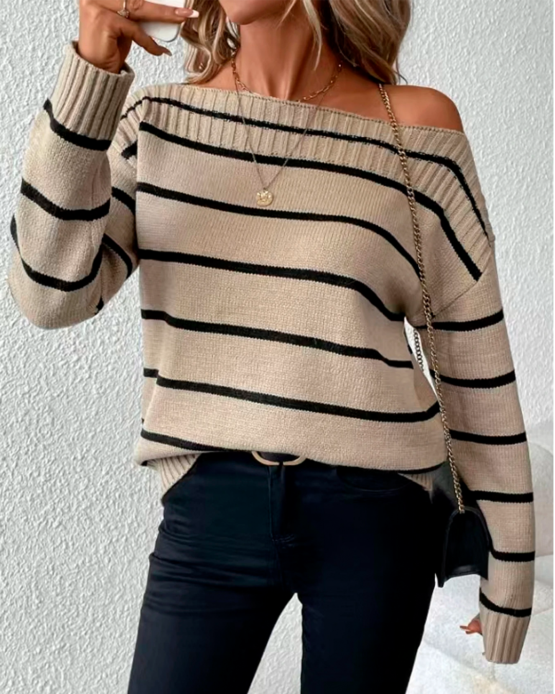 Sweater Women's Beige Striped Knit Off-Shoulder