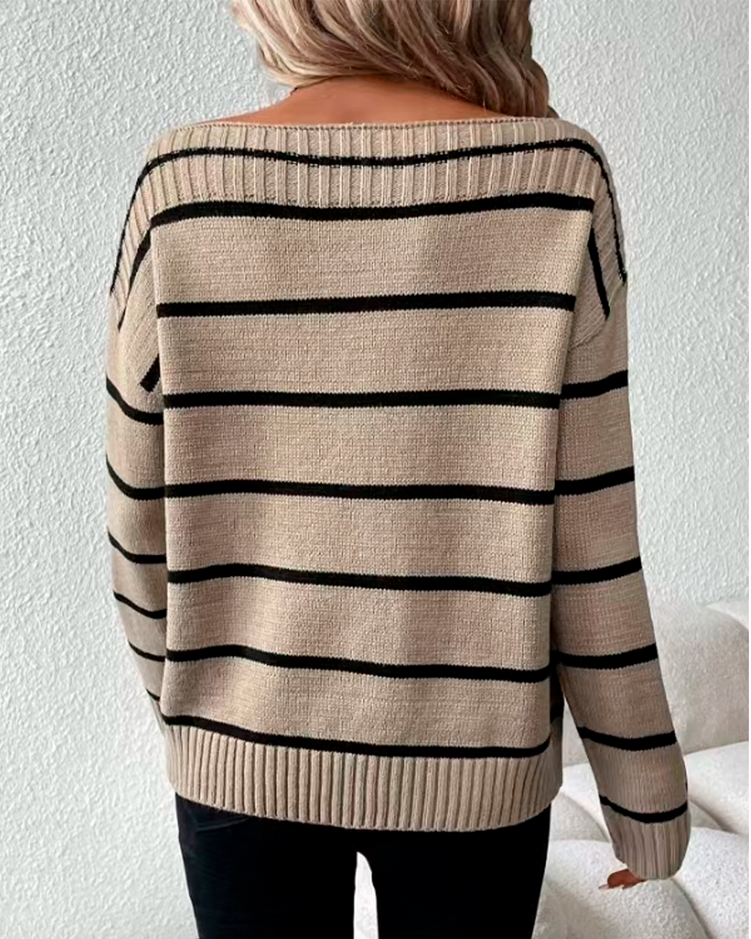 Sweater Women's Beige Striped Knit Off-Shoulder