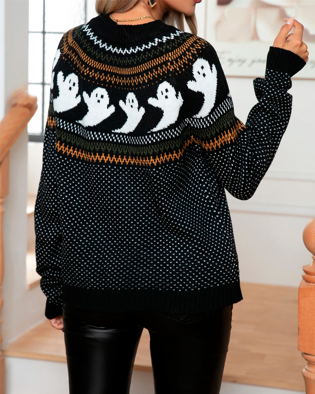 Sweater Women's Black Knit Ghost Pattern Halloween