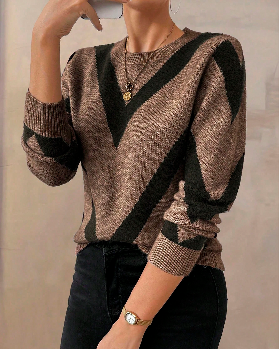 Sweater Women's Brown Chevron Knit Casual